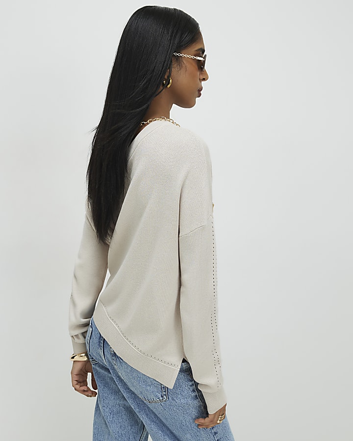 Beige Linen Blend Boat Neck Jumper