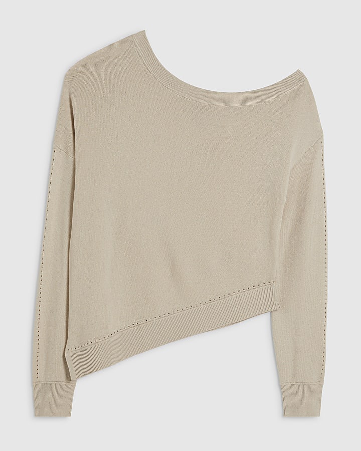 Beige Linen Blend Boat Neck Jumper