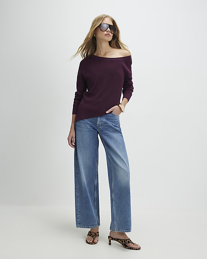 Red Linen Blend Knit Asymmetric Jumper