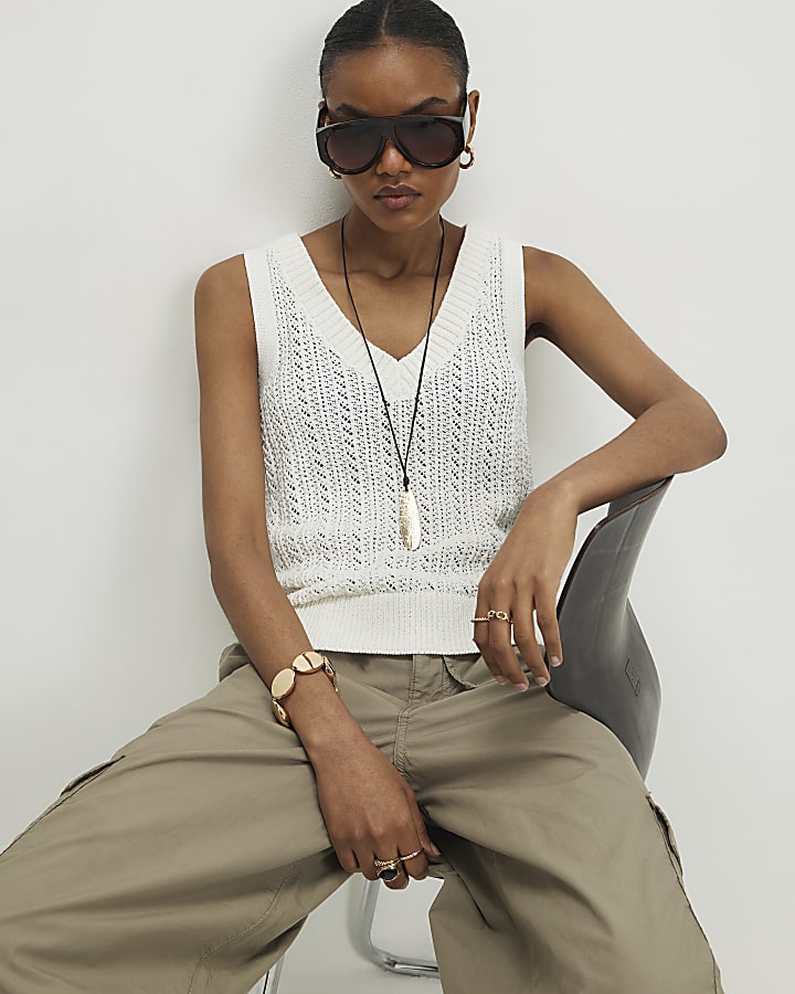 White Knitted Sleeveless Top