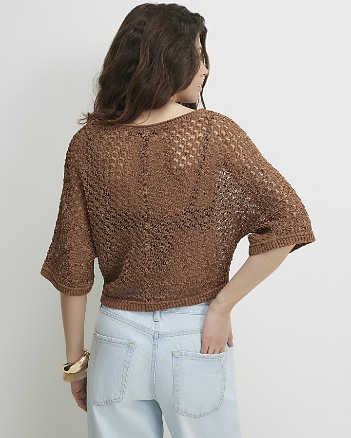 Brown Open Stitch T-Shirt
