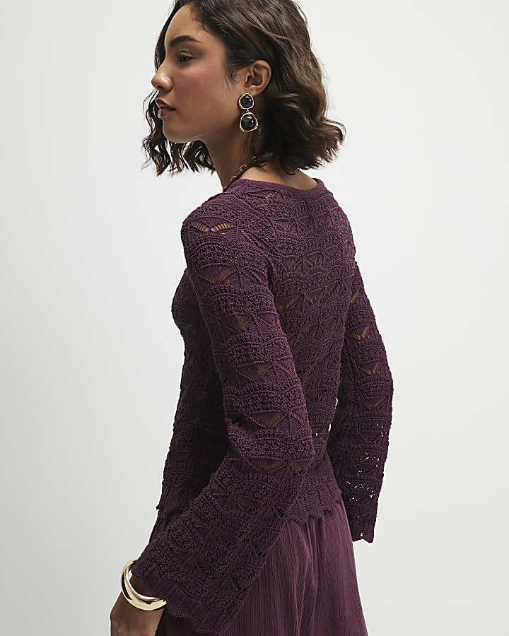 Purple Crochet Knit Boat Neck Jumper