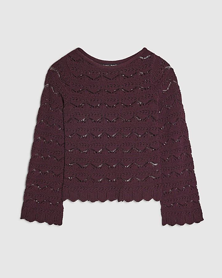 Purple Crochet Knit Boat Neck Jumper