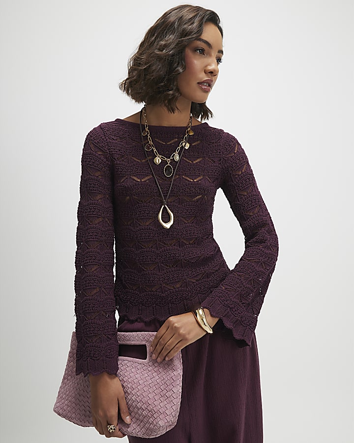 Purple Crochet Knit Boat Neck Jumper