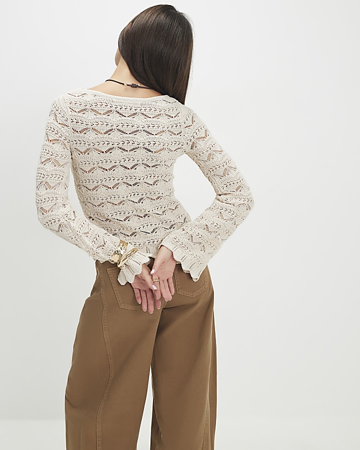 Cream Crochet Knit Boat Neck Jumper