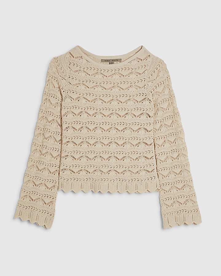 Cream Crochet Knit Boat Neck Jumper