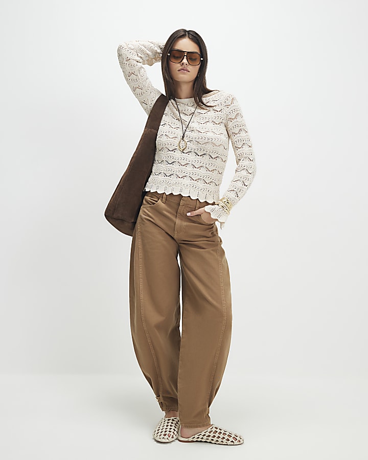 Cream Crochet Knit Boat Neck Jumper