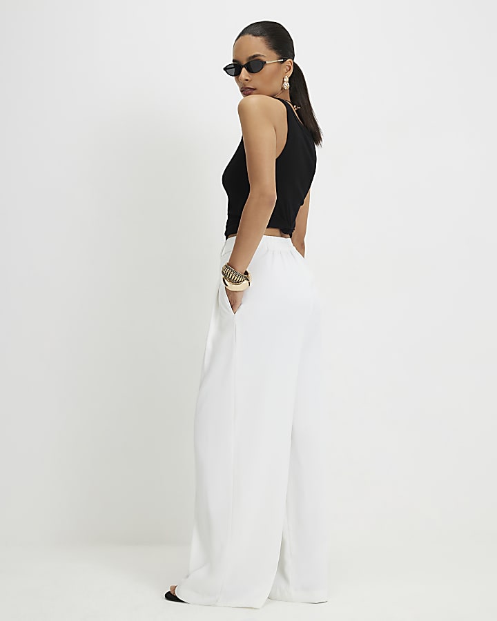 Petite White Pleated Wide Leg Trousers