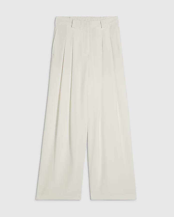 Petite White Pleated Wide Leg Trousers