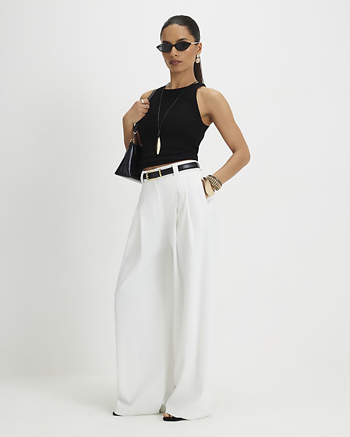 Petite White Pleated Wide Leg Trousers