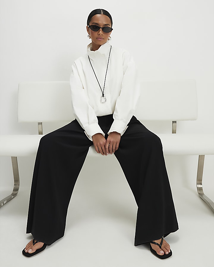 Petite Black Pleated Wide Leg Trousers