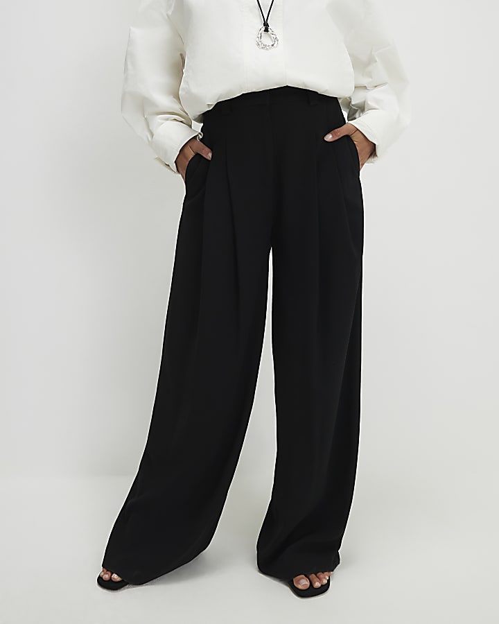 Petite Black Pleated Wide Leg Trousers