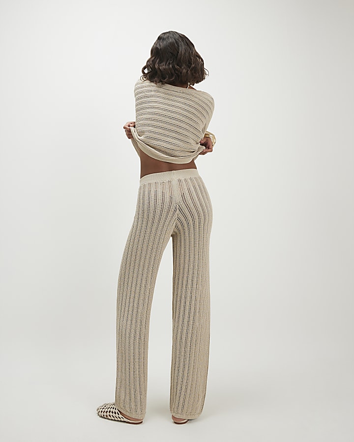 Beige Wide Leg Knitted Trousers