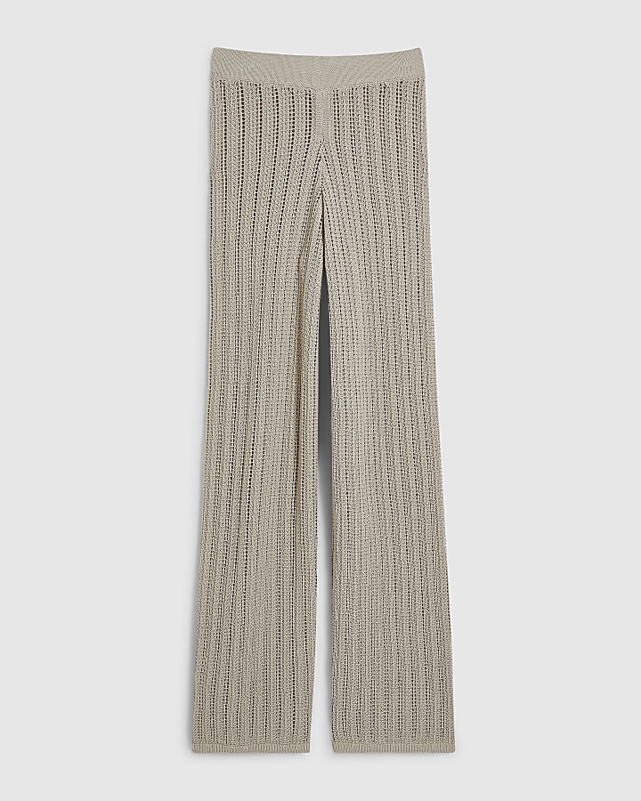 Beige Wide Leg Knitted Trousers