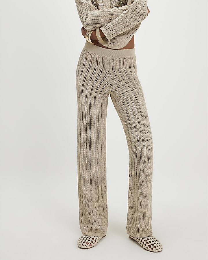 Beige Wide Leg Knitted Trousers