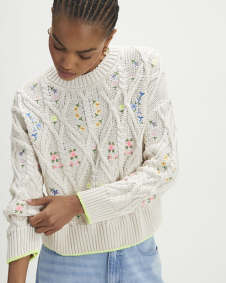 Cream Floral Embroidered Jumper