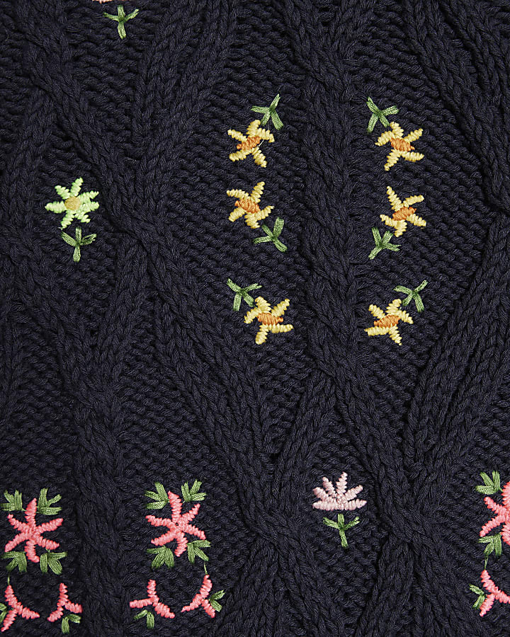 Navy Floral Embroidered Knit Tank Top