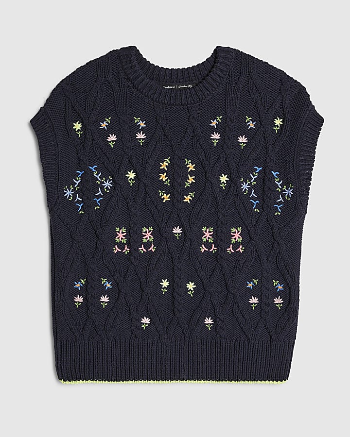 Navy Floral Embroidered Knit Tank Top