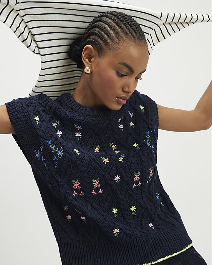 Navy Floral Embroidered Knit Tank Top