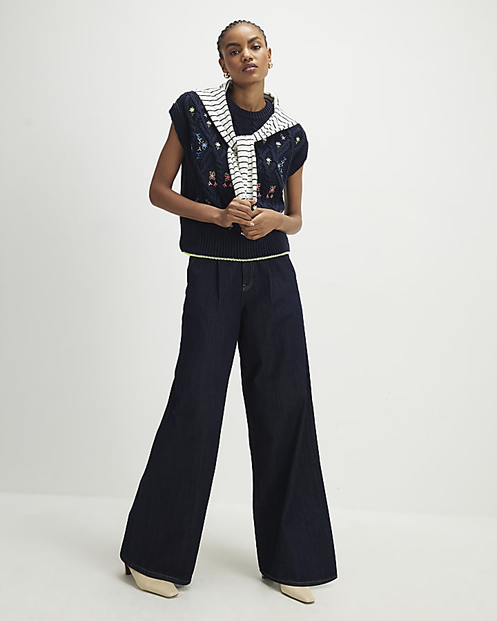 Navy Floral Embroidered Knit Tank Top