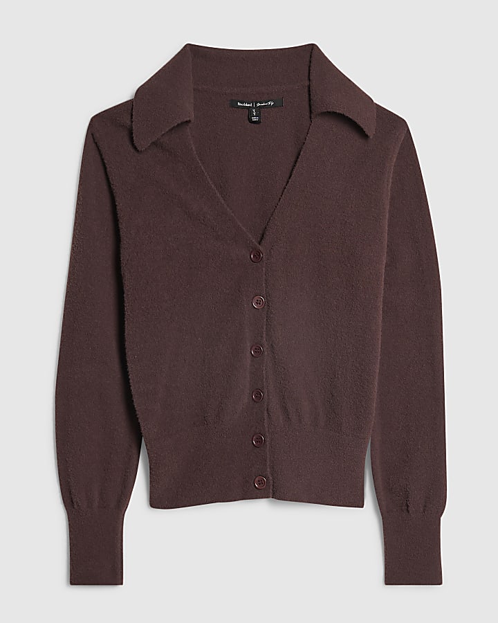 Brown Knitted V Neck Cardigan