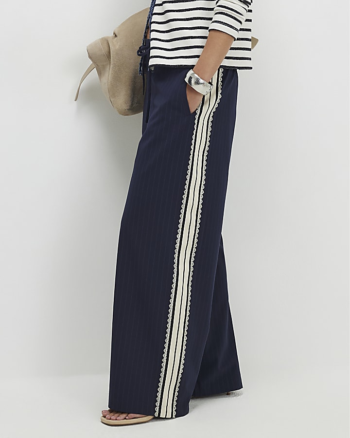 Petite Navy Pinstripe Crochet Joggers