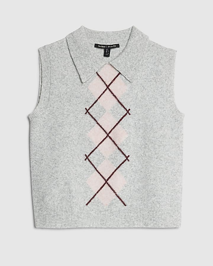 Grey Argyle Print Polo Tank Top