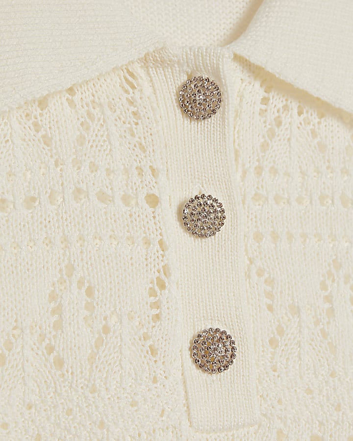Cream Stitched Knit Polo Top