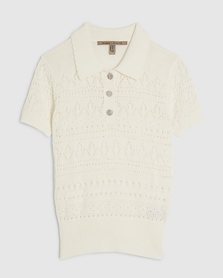 Cream Stitched Knit Polo Top