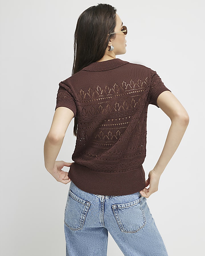 Brown Stitchy Polo Top