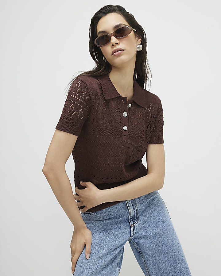 Brown Stitchy Polo Top