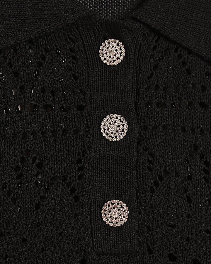Black Stitched Knit Polo Top