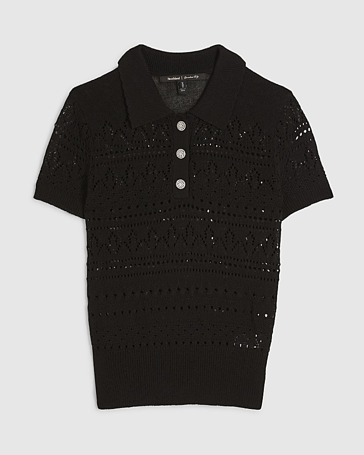 Black Stitched Knit Polo Top