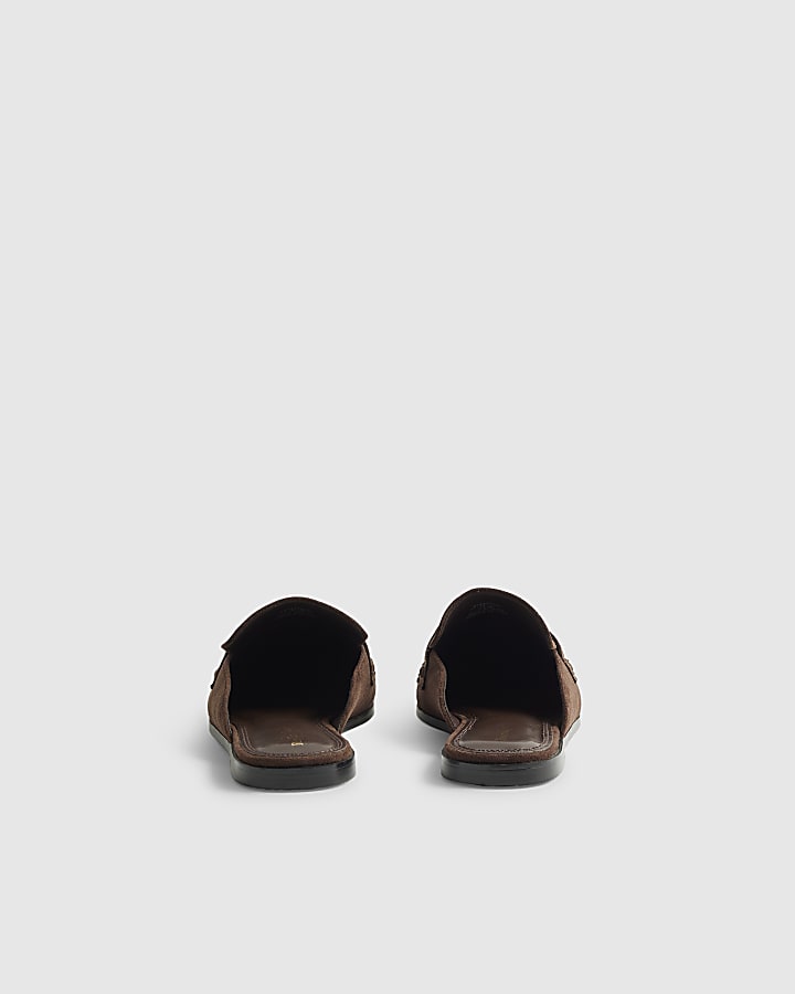 Brown Faux Suede Backless Loafers