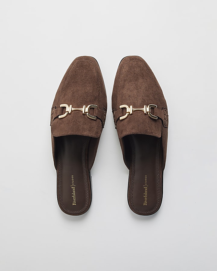 Brown Faux Suede Backless Loafers