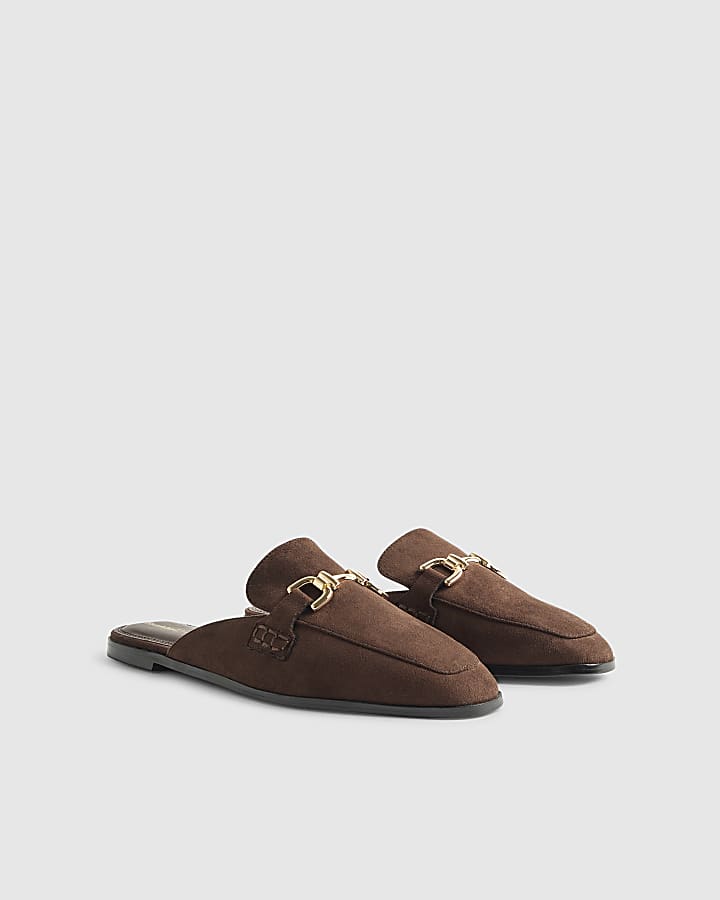 Brown Faux Suede Backless Loafers