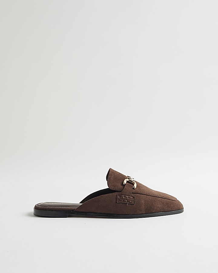 Brown Faux Suede Backless Loafers