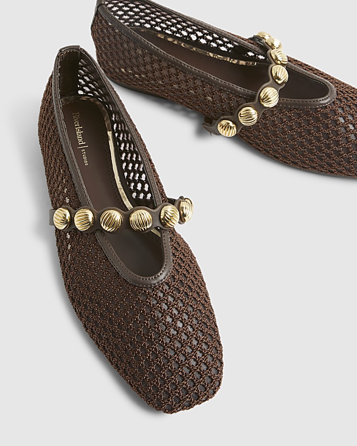 Brown Crochet Ball Detail Ballet Pumps
