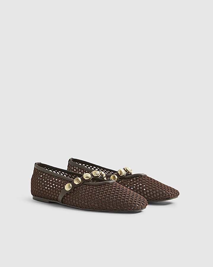 Brown Crochet Ball Detail Ballet Pumps