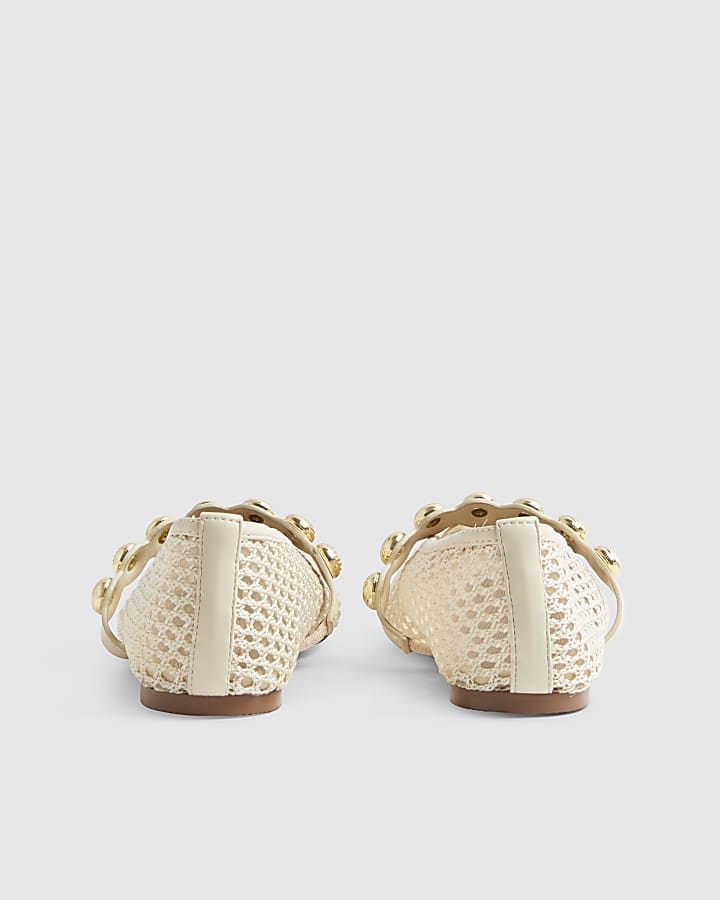 Cream Crochet Ball Detail Ballet Pumps