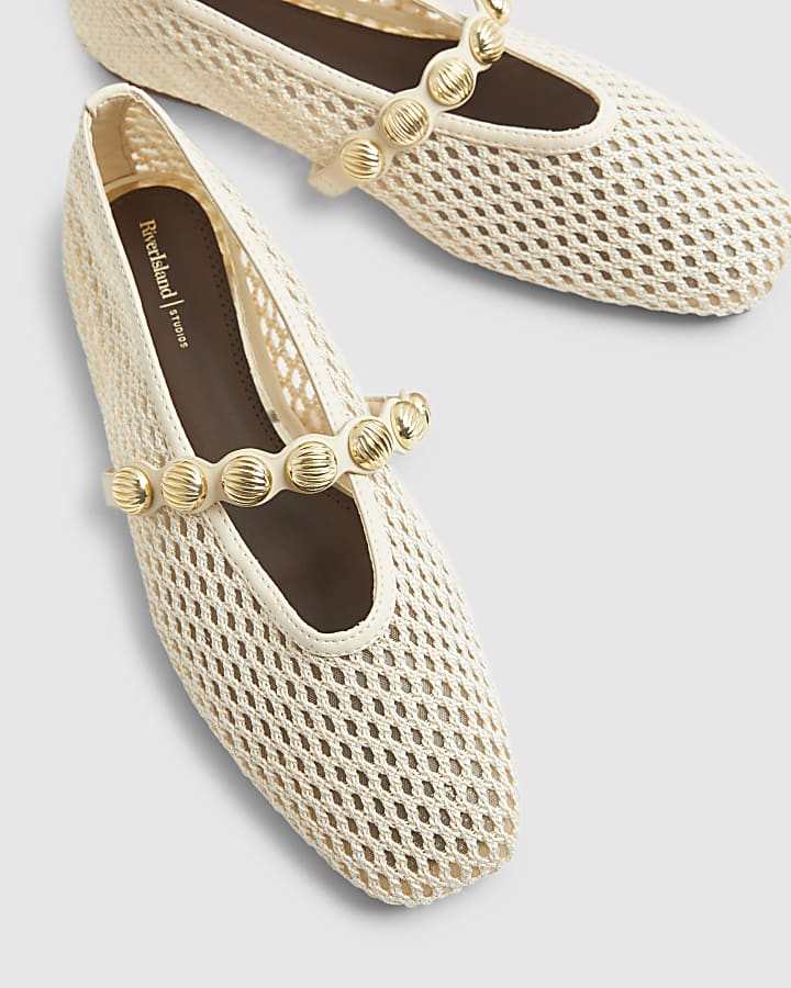 Cream Crochet Ball Detail Ballet Pumps