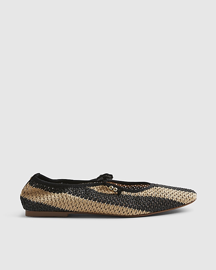Black Raffia Stripe Mary Jane Shoes
