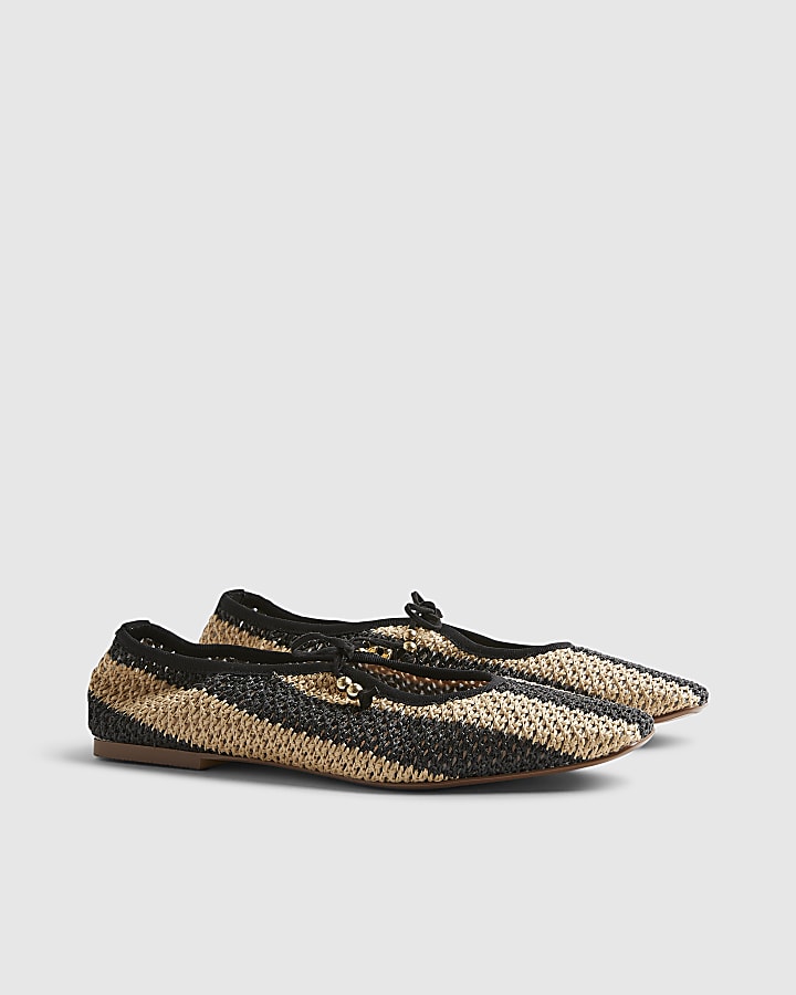 Black Raffia Stripe Mary Jane Shoes