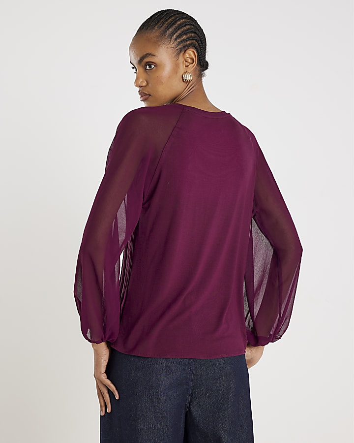 Red Long Sleeve Pleated Front Top