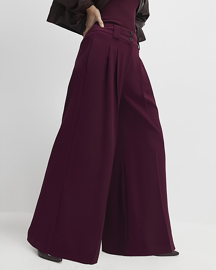 Red Pleated Wide Leg Trousers