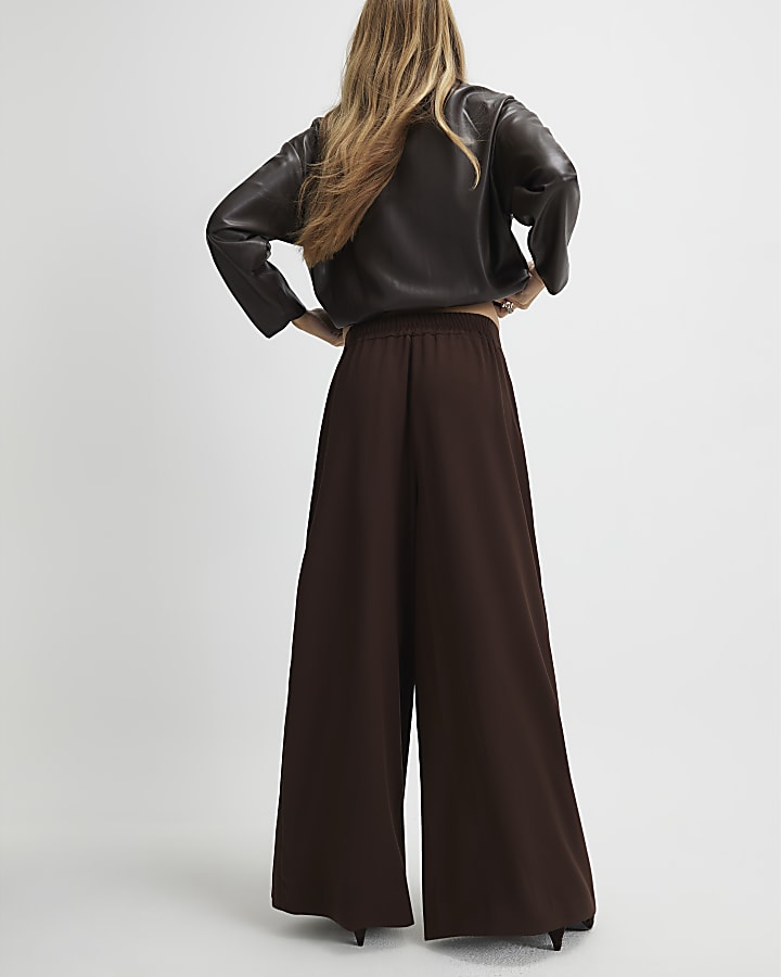 Brown Pleated Wide Leg Trousers