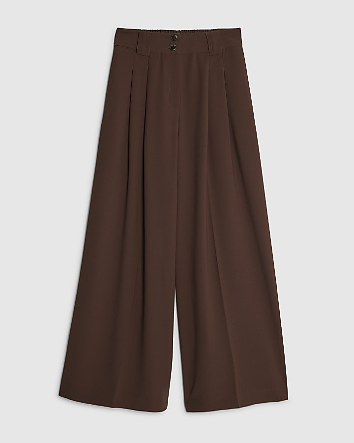 Brown Pleated Wide Leg Trousers