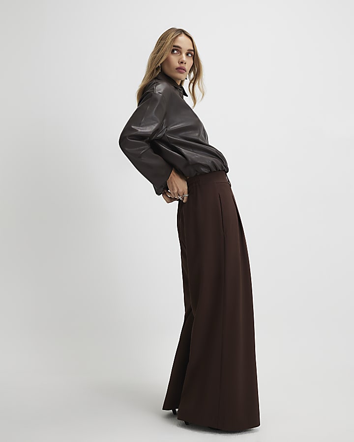 Brown Pleated Wide Leg Trousers