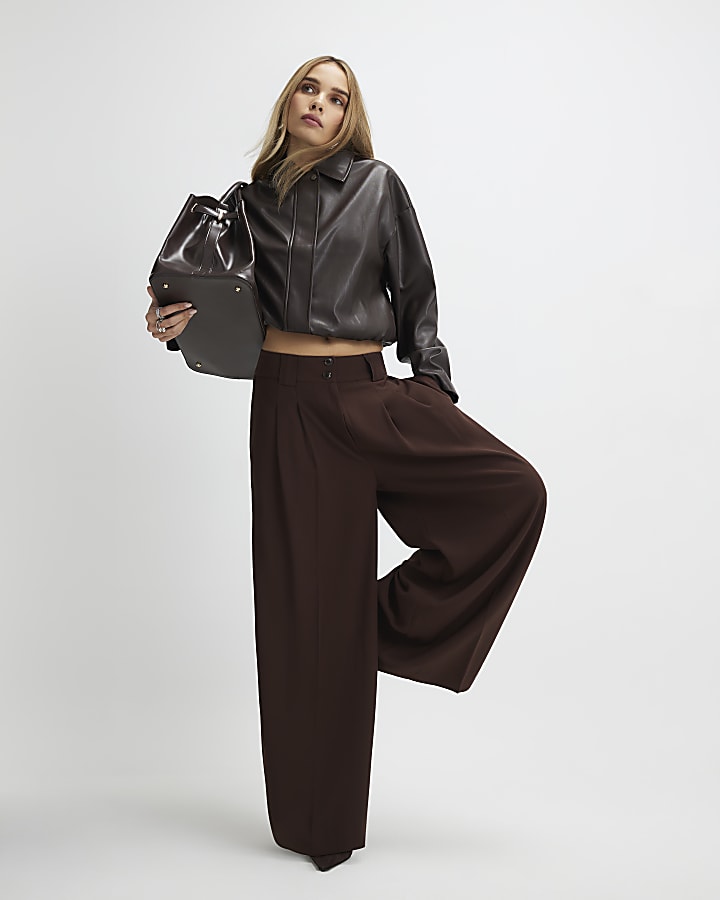 Brown Pleated Wide Leg Trousers
