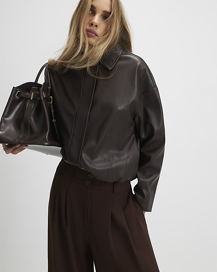Brown Pleated Wide Leg Trousers